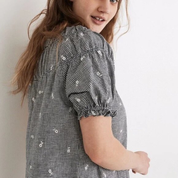 Madewell Embroidered Gingham Shirred Puff-Sleeve Top Medium - Picture 3 of 7
